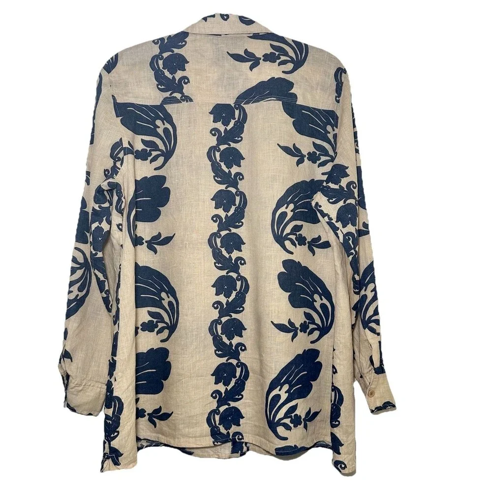 Soft Surroundings Linen Blend Floral Hawaiian Shirt Beige Navy Women L